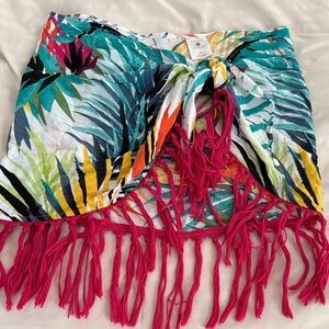 Shade & Shore Colorful Leaf Sarong with Pink Fringe